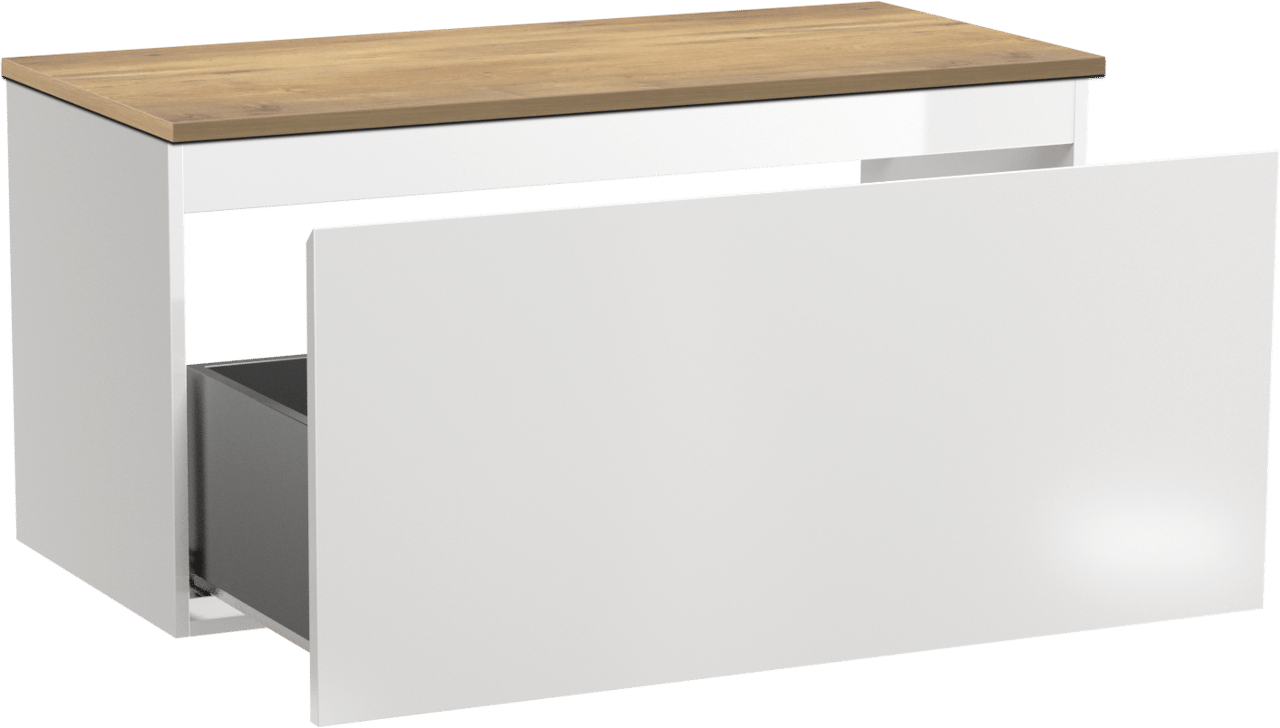 Linie Lado meuble salle de bains suspendu 100 x 46 cm blanc brillant avec Lado tablette simple ou double en mélaminé chêne naturel