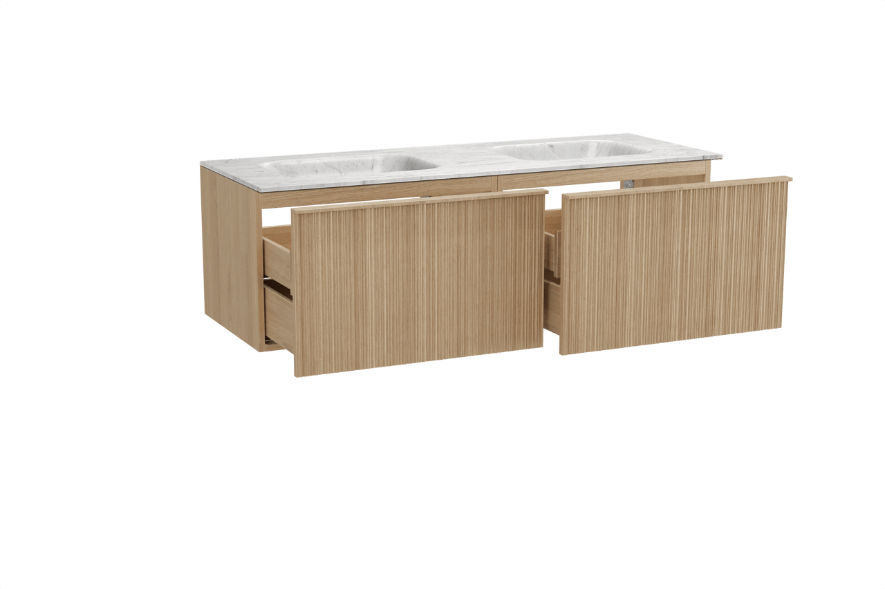 Balmani Forma zwevend badmeubel 150 x 55 cm naturel eiken met Tablo Arcato dubbele wastafel in marmer carrara, Verticale asymmetrische ronde ribbel