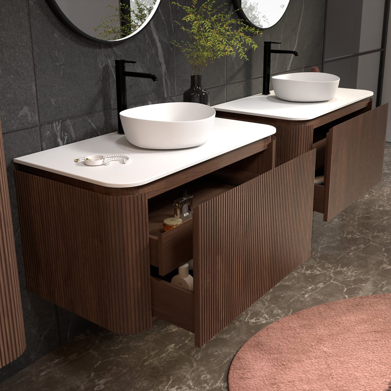 Balmani Moon hängendes Möbelstück Set: 100 x 55 cm, Amerikanischer Nussbaum, mit Moon Einzel Waschtischplatte, Solid Surface, Weiß matt, Vertikale symmetrische gerade Rippe