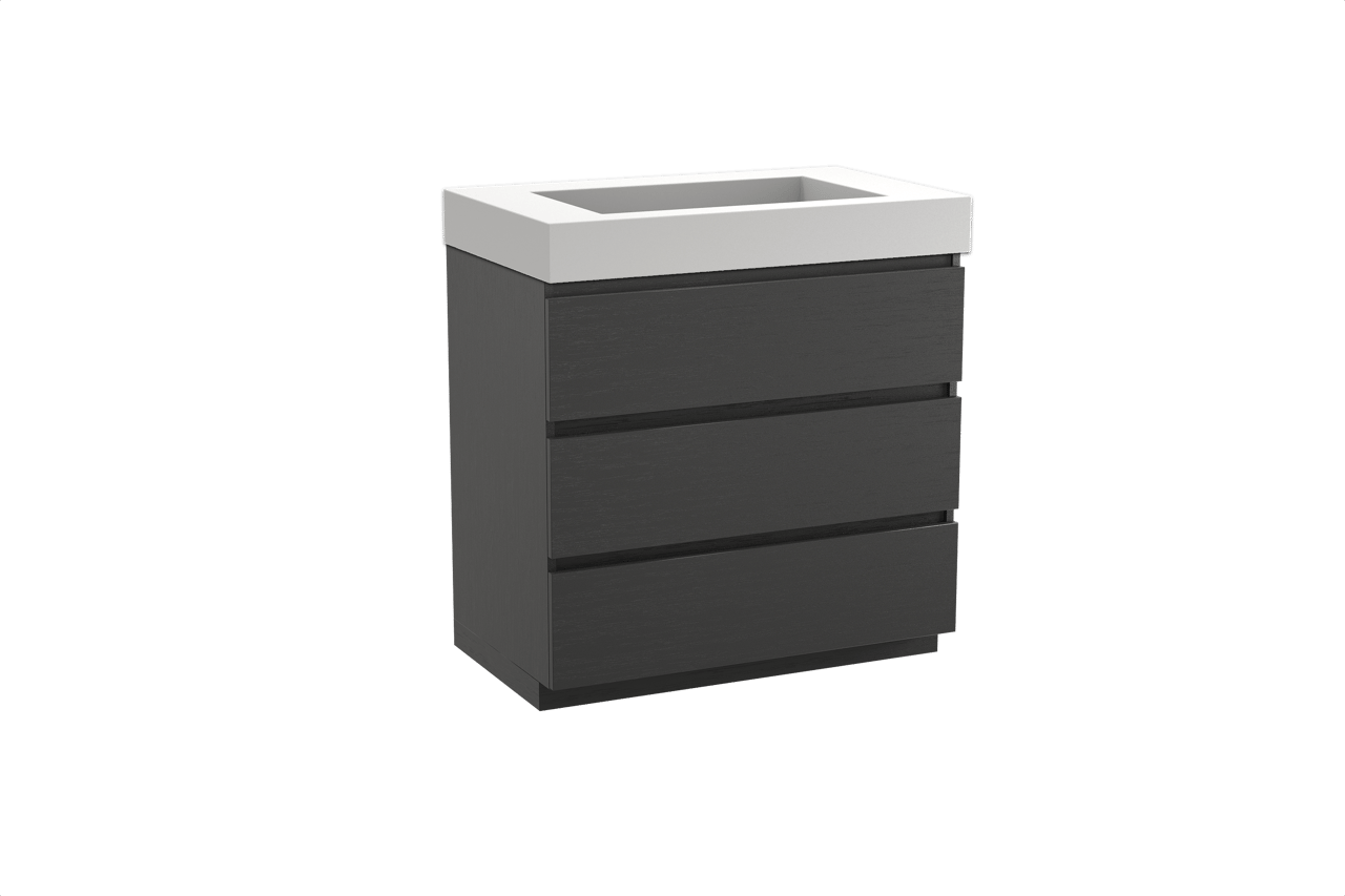 Balmani Lucida freistehendes Möbelstück Set: 90 x 55 cm, Schwarze Eiche, mit Modus Einzelwaschtisch, Solid Surface Weiß matt