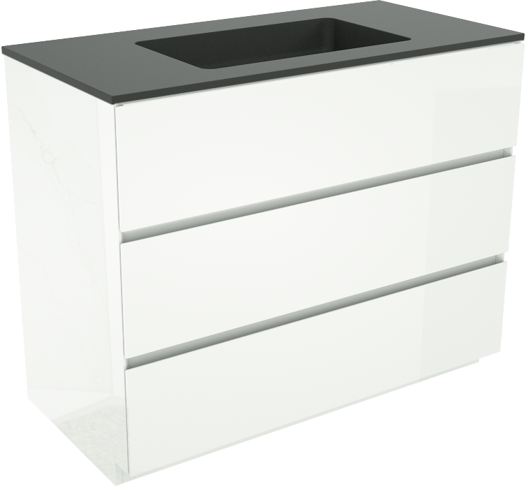 Storke Edge freistehendes Möbelstück Set: 105 x 52 cm, Weiß glänzend, mit Scuro Einzelwaschtisch, Quarz Schwarz matt