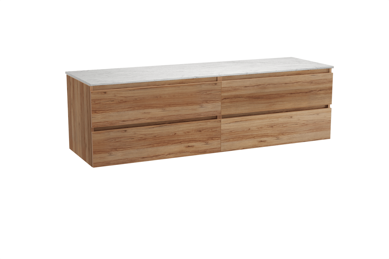 Balmani Lucida hängendes Möbelstück Set: 180 x 55 cm, Teak, mit Stretto Einzel- oder Doppel Waschtischplatte, Marmor Carrara