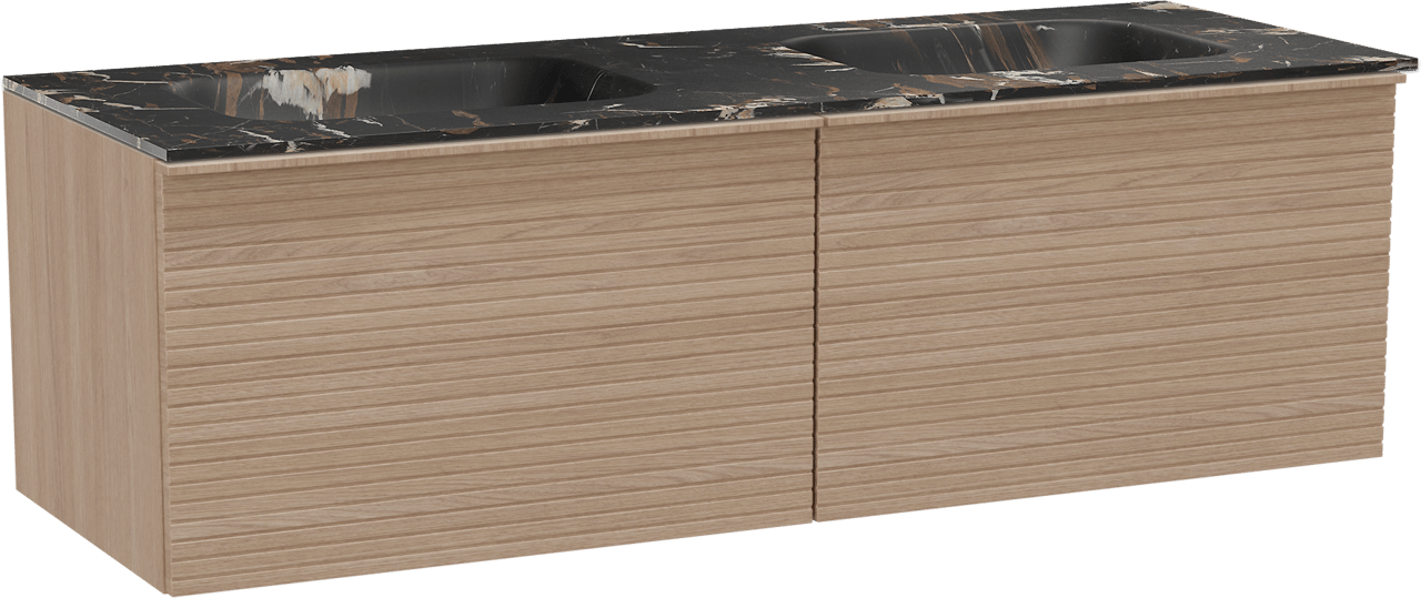 Balmani Forma meuble salle de bains suspendu 150 x 55 cm chêne naturel avec Tablo Arcato double vasque en marbre portoro gold, Nervure droite symétrique horizontale