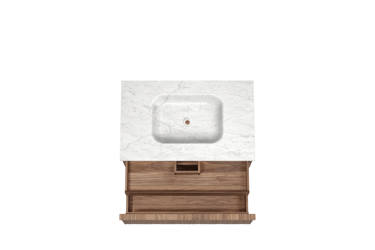 Balmani Forma zwevend badmeubel 90 x 55 cm amerikaans notenhout met Tablo Arcato enkele wastafel in marmer carrara, Verticale asymmetrische ronde ribbel