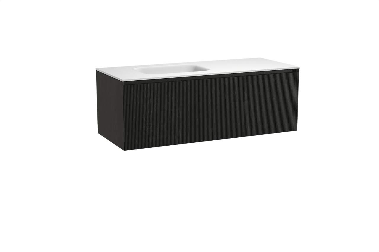 Balmani Fila meuble salle de bains suspendu 135 x 55 cm chêne noir avec Tablo Arcato vasque asymétrique gauche en solid surface blanc mat, Nervure droite symétrique verticale