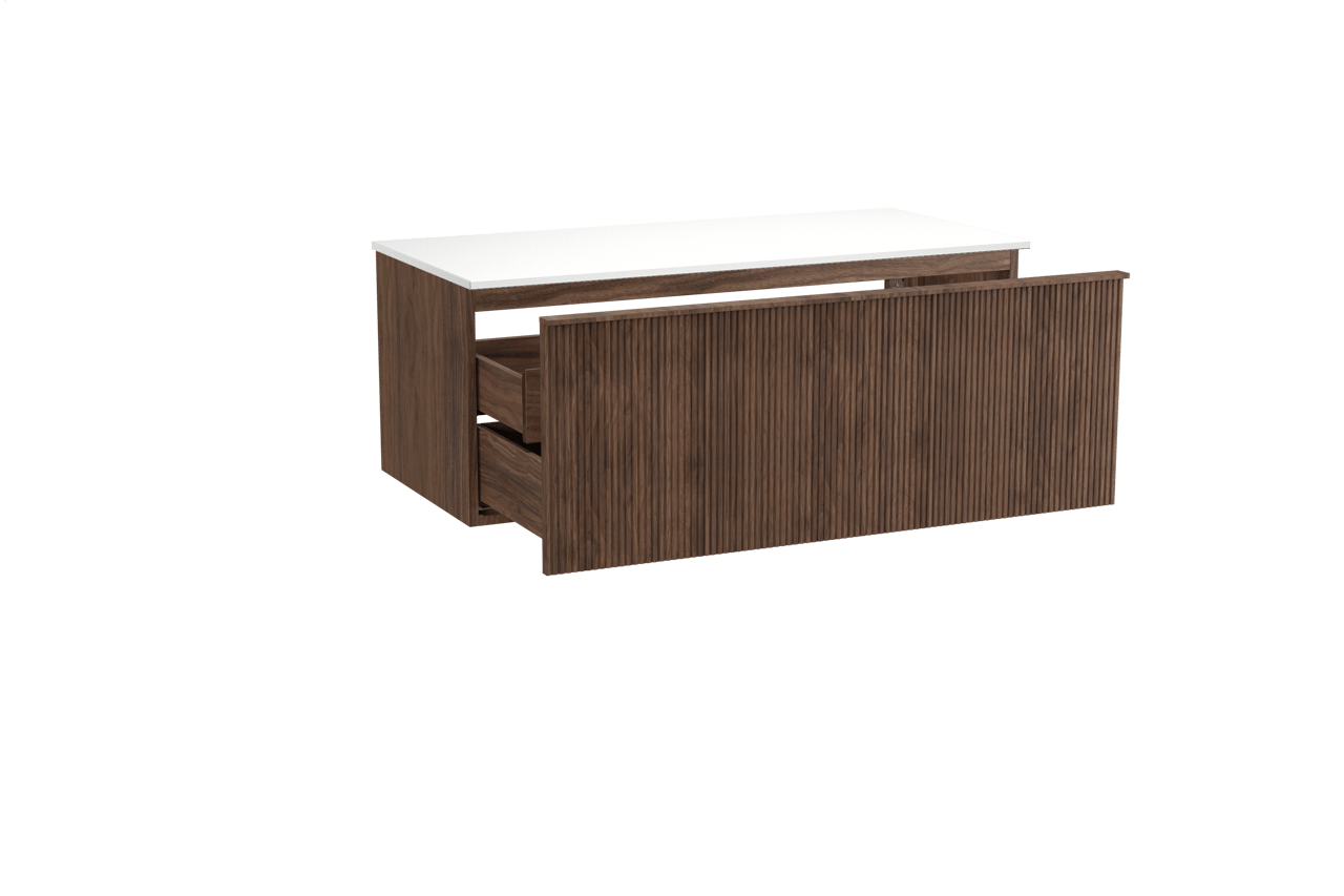 Balmani Forma hängendes Möbelstück Set: 120 x 55 cm, Amerikanischer Nussbaum, mit Stretto Einzel- oder Doppel Waschtischplatte, Solid Surface, Weiß matt, Vertikale symmetrische gerade Rippe