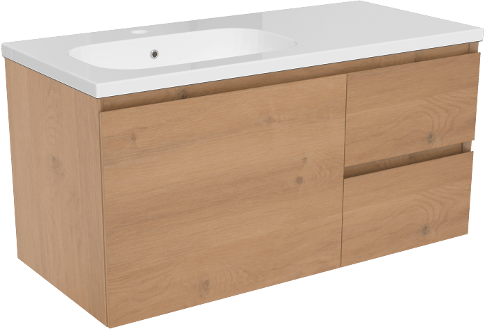 Storke Edge meuble salle de bains suspendu 100 x 46 cm chêne brut avec Planza vasque asymétrique gauche en marbre composite blanc brillant