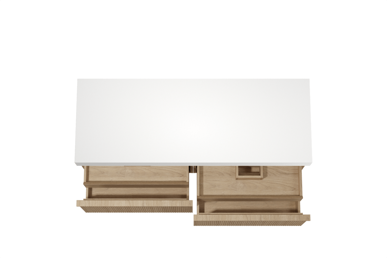 Balmani Forma meuble salle de bains suspendu 150 x 55 cm chêne naturel avec Dominus tablette simple ou double en solid surface blanc mat, Nervure droite symétrique verticale