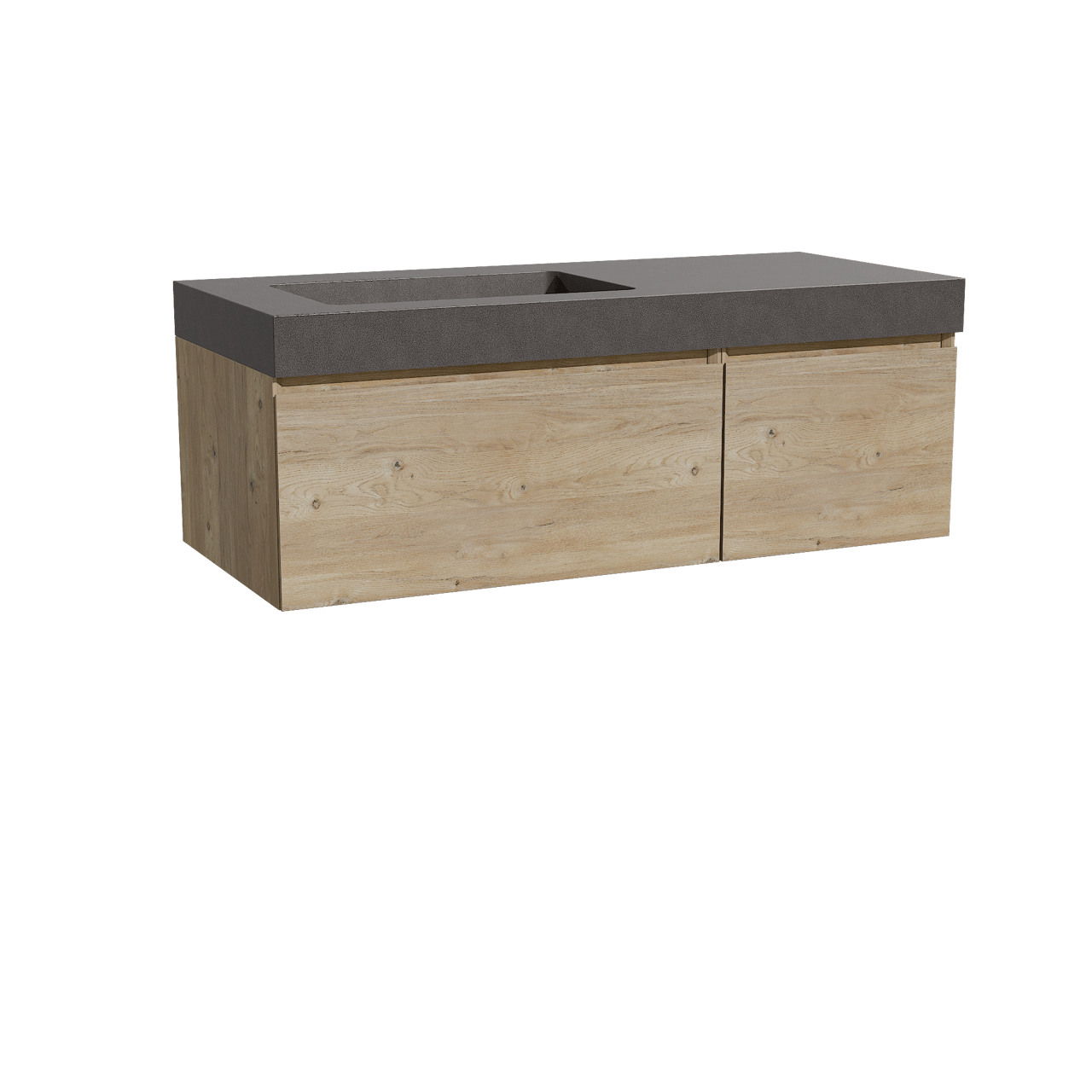 Storke Edge zwevend badkamermeubel 120 x 52 cm ruwe eik met Scuro High asymmetrisch linkse wastafel in kwarts mat zwart