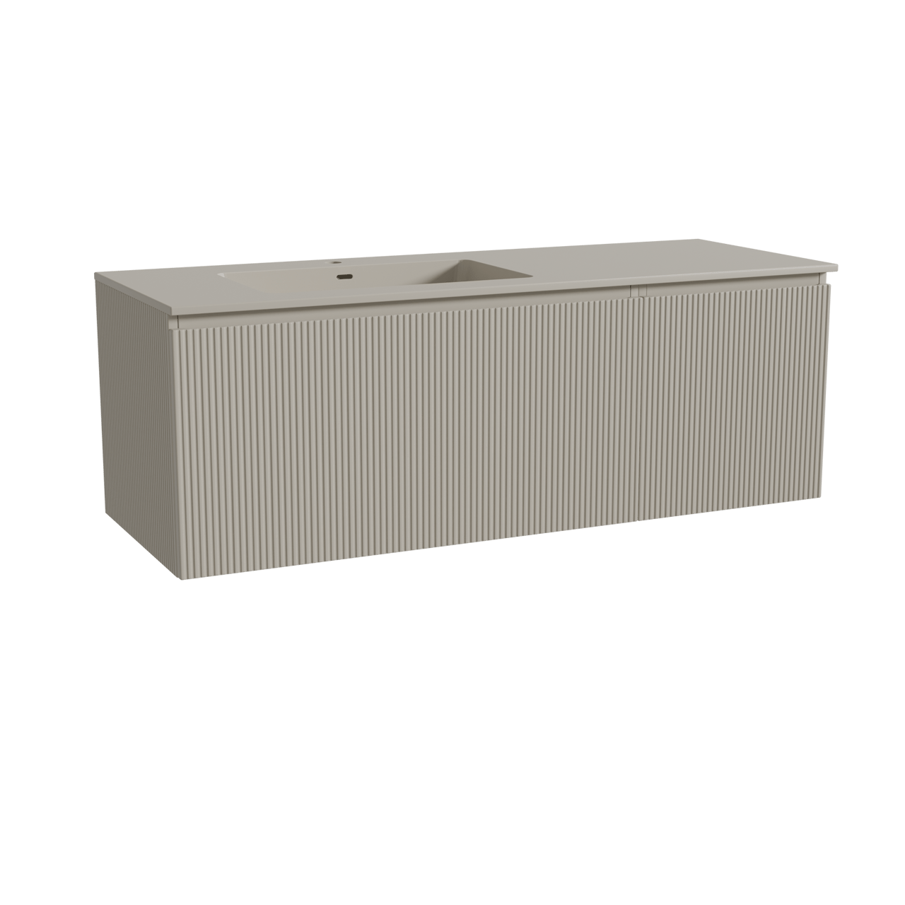 Storke Ribs zwevend badkamermeubel 140 x 52 cm zijdegrijs met Diva asymmetrisch linkse wastafel in top solid zijdegrijs, Verticale symmetrische rechte ribbel