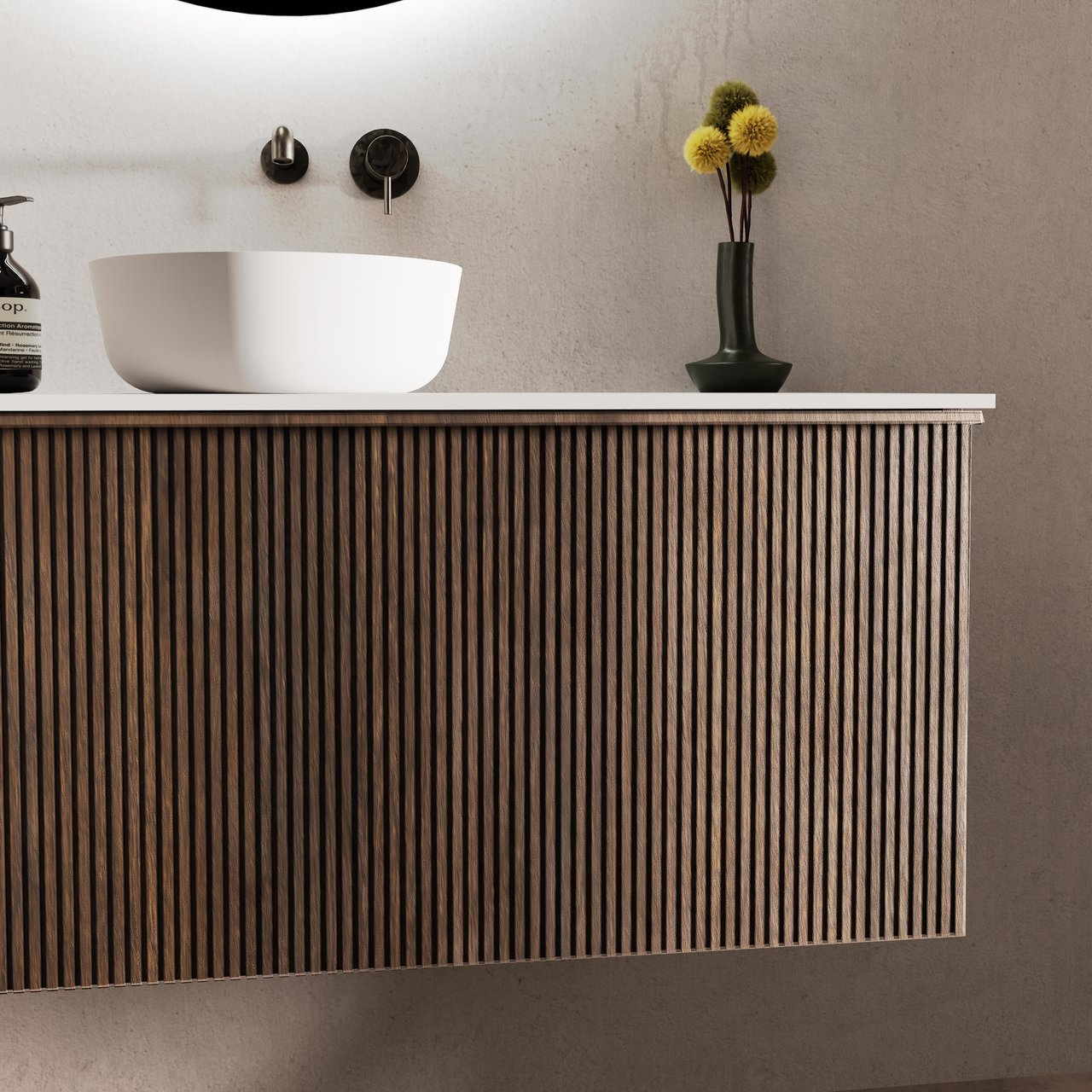 Balmani Forma meuble salle de bains suspendu 120 x 55 cm chêne fumé avec Tablo Arcato plan simple pour 2 trous de robinet en solid surface blanc mat, Nervure droite symétrique verticale