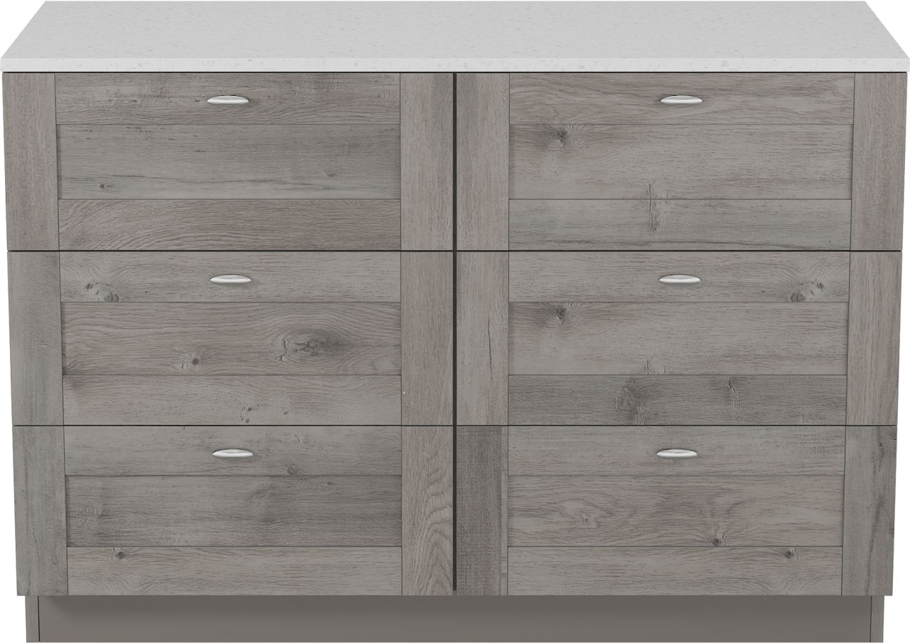 Linie Classo freistehendes Möbelstück Set: 120 x 46 cm, Graue Eiche, mit Lado Einzel- oder Doppel Waschtischplatte, Melamin in Terrazzo Weiß