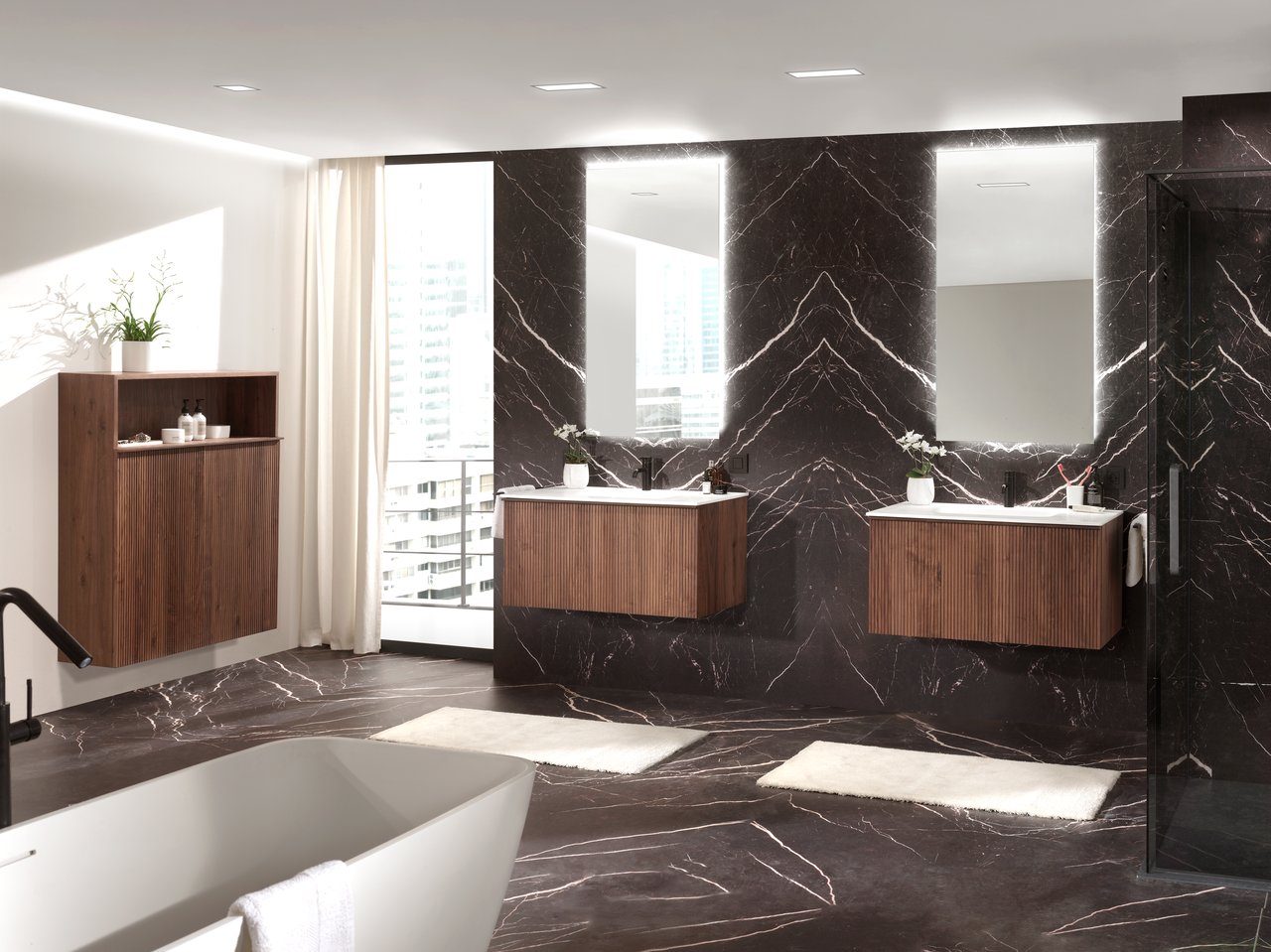 Balmani Forma hängender Waschbeckenunterschrank: 90 x 55 cm, amerikanischer Nussbaum, 2 Schubladen