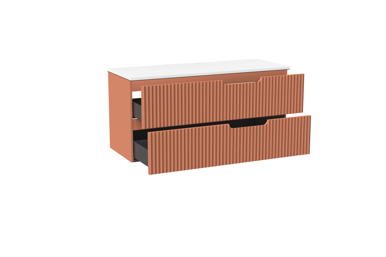 Linie Ribbo hängendes Möbelstück Set: 120 x 46 cm, Cotto, mit Lado Doppel Waschtischplatte, Marmorkomposit, Weiß matt, Vertikale symmetrische runde Rippe