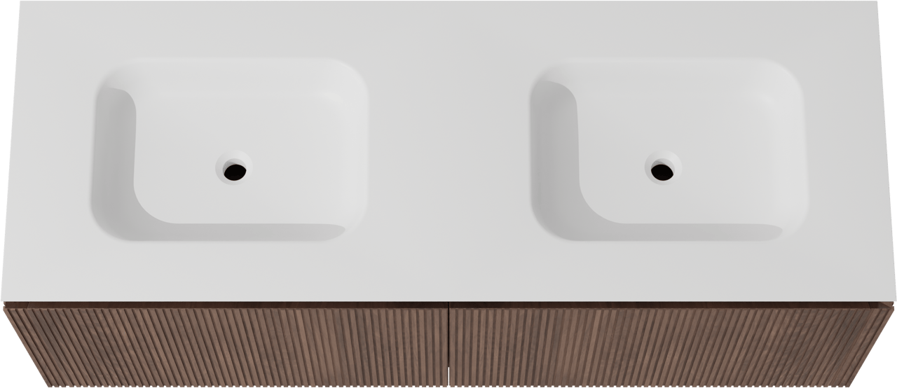 Balmani Eclips meuble salle de bains suspendu 150 x 55 cm Noyer américain avec Eclips double vasque en Solid Surface blanc mat, Nervure droite symétrique verticale