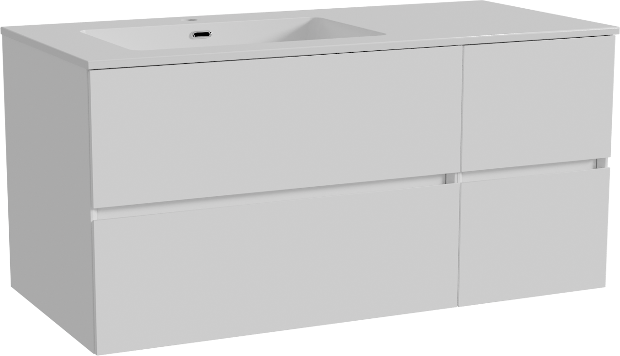 Storke Edge meuble salle de bains suspendu 110 x 52 cm blanc brillant avec Diva plan vasque asymétrique à gauche en marbre composite blanc brillant