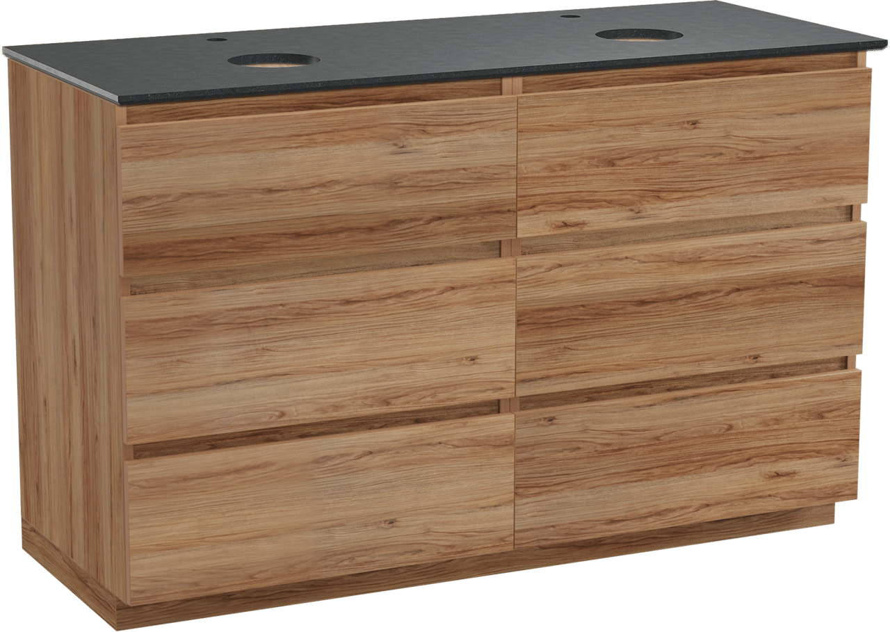 Balmani Lucida freistehendes Möbelstück Set: 135 x 55 cm, Teak, mit Facetta Doppel Waschtischplatte, Schwarzes Granit