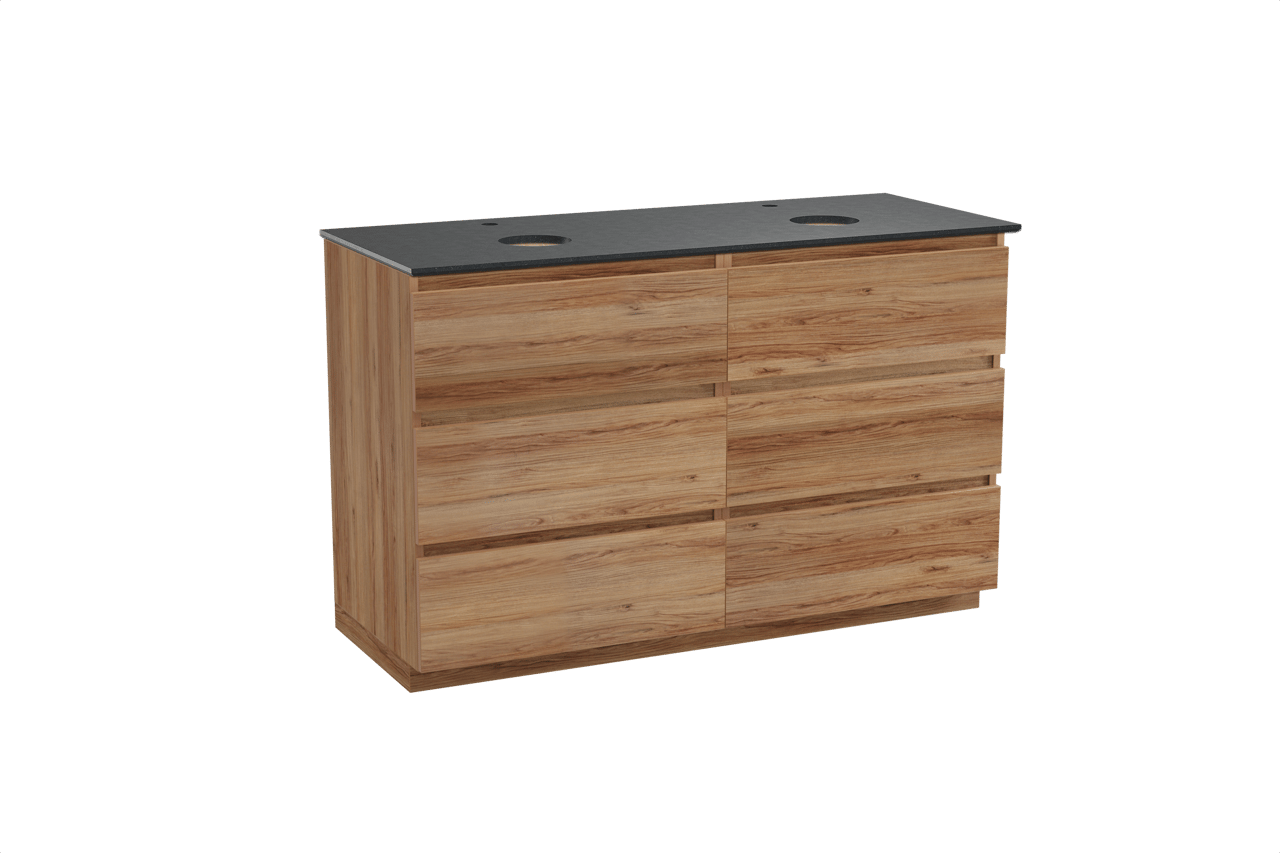 Balmani Lucida freistehendes Möbelstück Set: 135 x 55 cm, Teak, mit Facetta Doppel Waschtischplatte, Schwarzes Granit