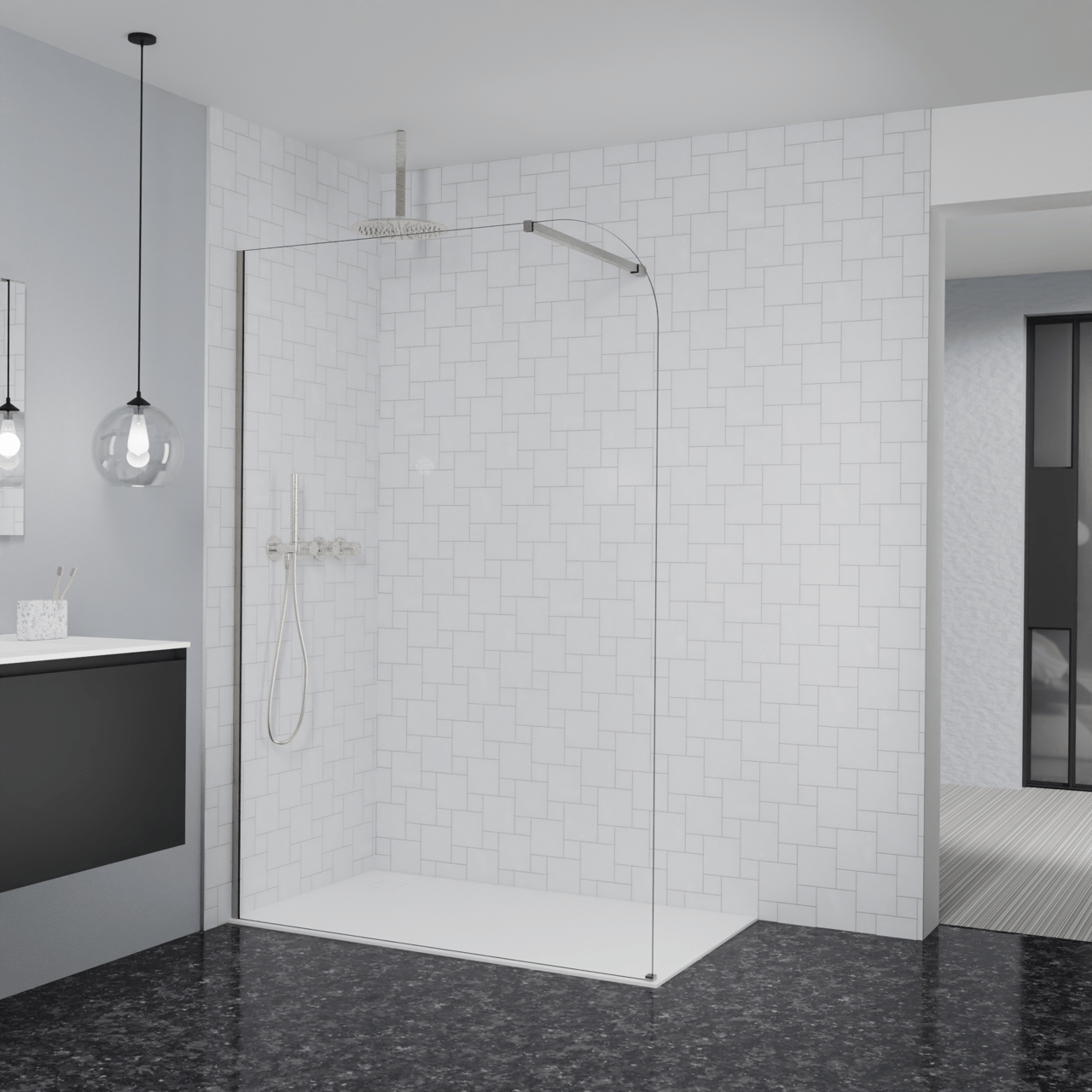 Balmani Modular Walk-In Dusche: 140 x 200 cm, Klarglas abgerundet, inklusive Coating, Profil Brushed CoolMetal