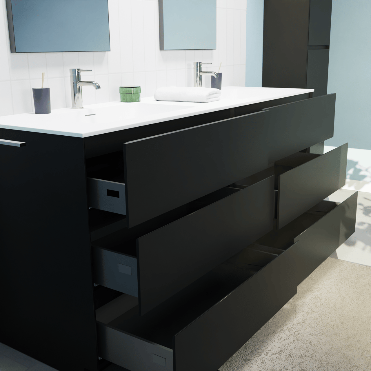 Storke Edge freistehendes Möbelstück Set: 170 x 52 cm, Schwarz matt, mit Mata Doppelwaschtisch, Solid Surface Weiß matt