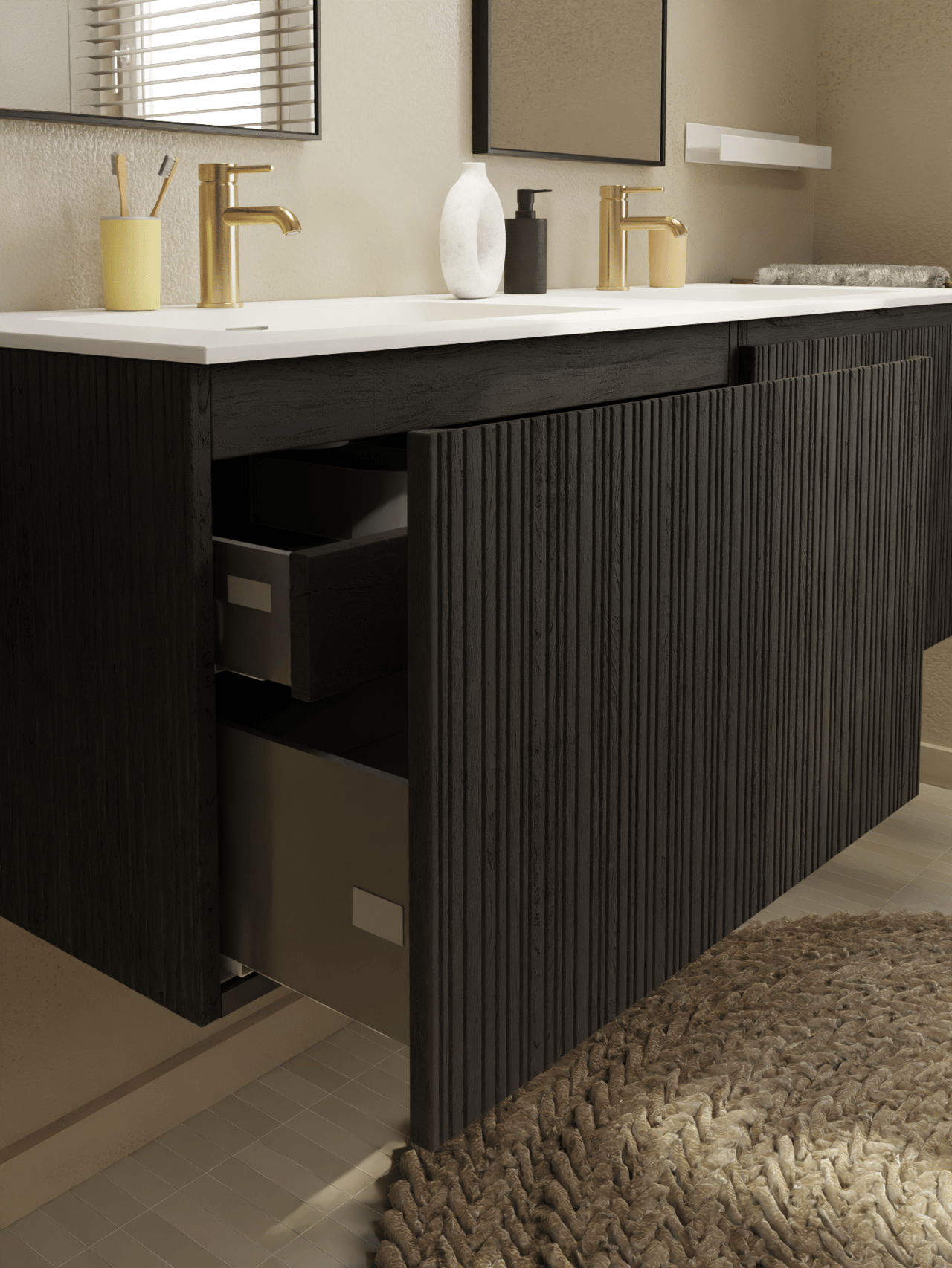 Storke Ribs hängender Waschbeckenunterschrank: 75 x 52 cm, Eiche Schwarz, 2 Schubladen