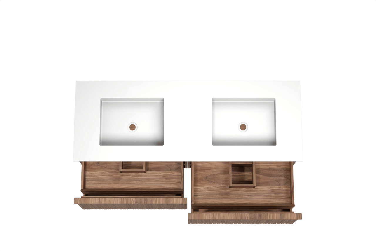 Balmani Forma zwevend badmeubel 150 x 55 cm amerikaans notenhout met Tablo Stretto dubbele wastafel in solid surface mat wit, Verticale asymmetrische ronde ribbel