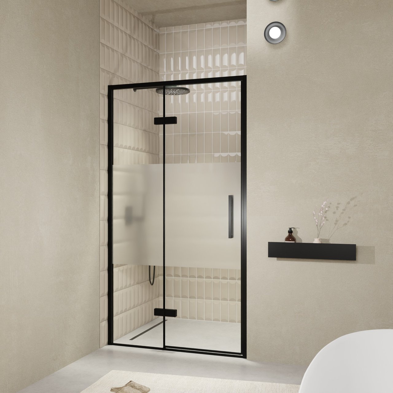 Balmani Senses Design douche draaideur links 120 cm x 210 cm Helder glas met matte strook, Zwarte profielen