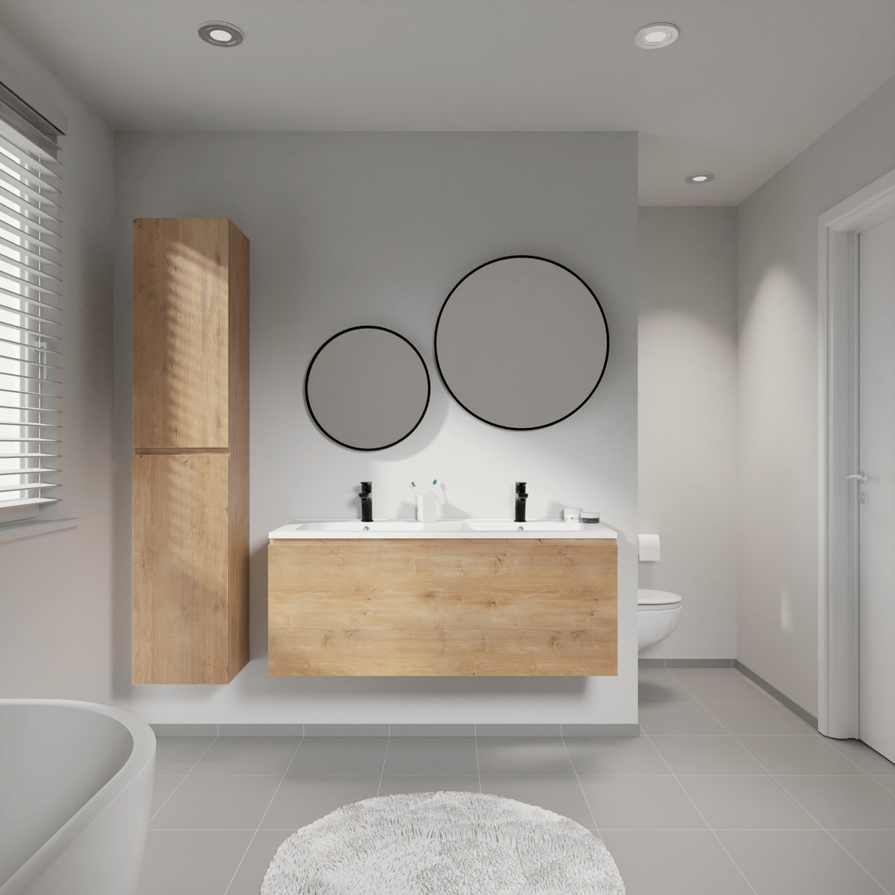 Linie Lado meuble salle de bains suspendu 120 x 46 cm chêne naturel avec Vano double vasque en marbre composite blanc mat