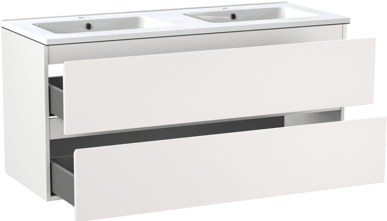 Linie Lado meuble salle de bains suspendu 120 x 46 cm blanc mat avec Vano double vasque en marbre composite blanc brillant