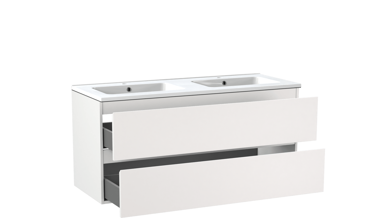 Linie Lado meuble salle de bains suspendu 120 x 46 cm blanc mat avec Vano double vasque en marbre composite blanc brillant