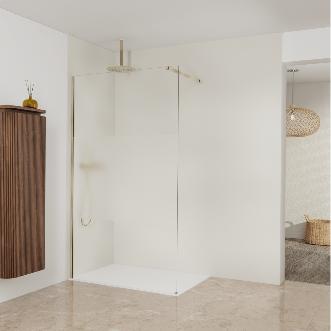Balmani Modular Walk-In Dusche: 120 x 200 cm, Klarglas mit mattiertem Streifen, Profil Brushed Champagne Gold