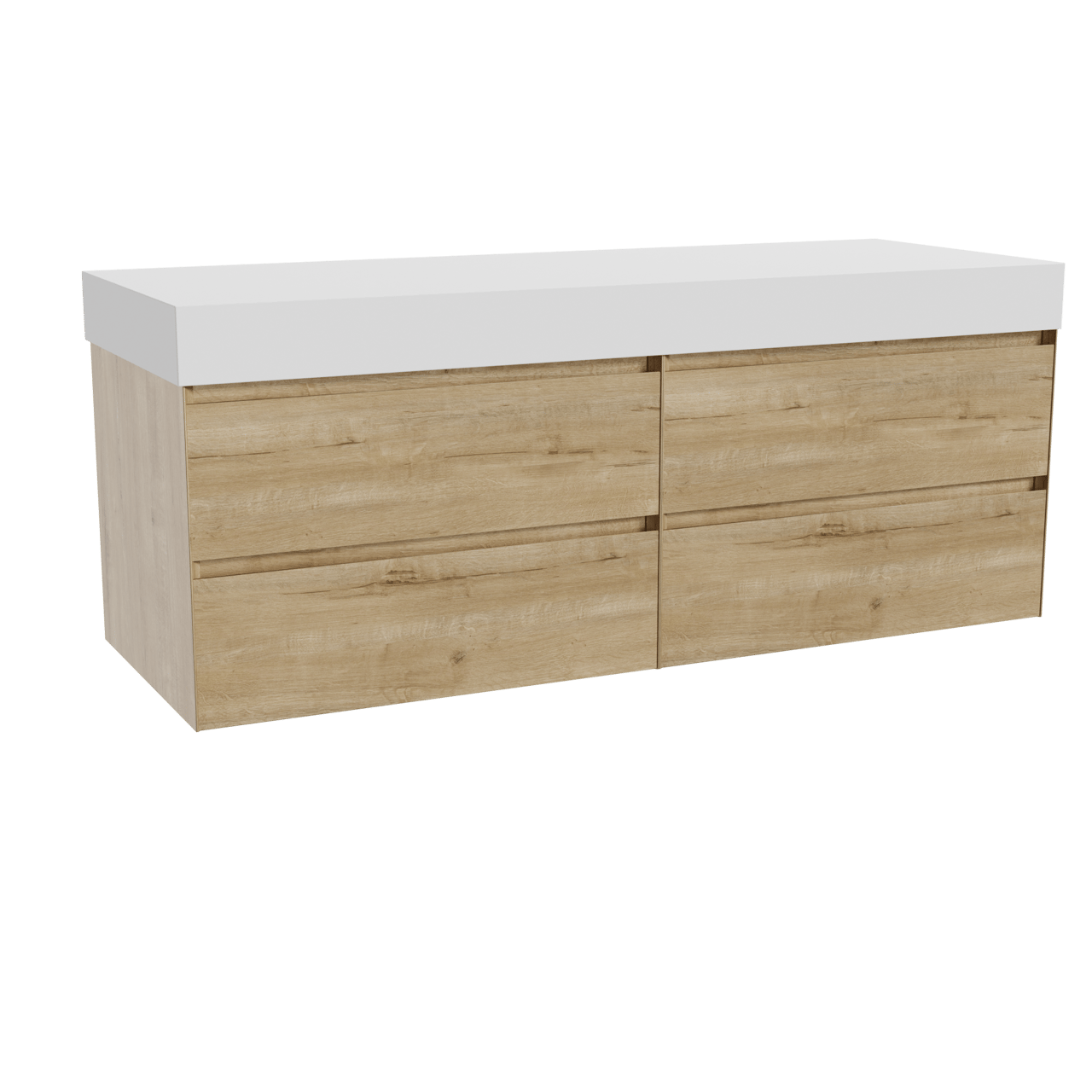 Balmani Mitra hängendes Möbelstück Set: 150 x 55 cm, Rohe Eiche, mit Dominus Einzel- oder Doppel Waschtischplatte, Solid Surface Weiß matt