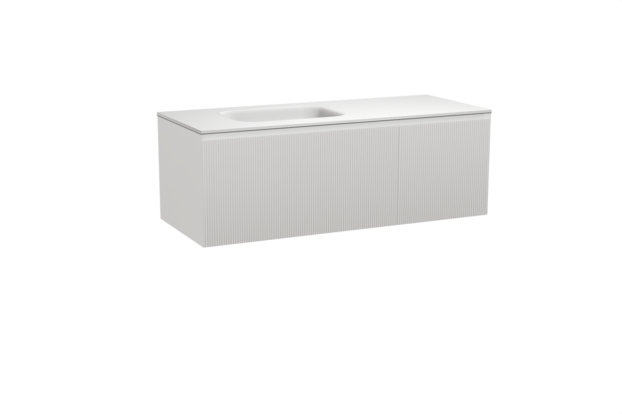 Balmani Fila meuble salle de bains suspendu 135 x 55 cm blanc mat avec Tablo Arcato vasque asymétrique gauche en solid surface blanc mat, Nervure droite symétrique verticale