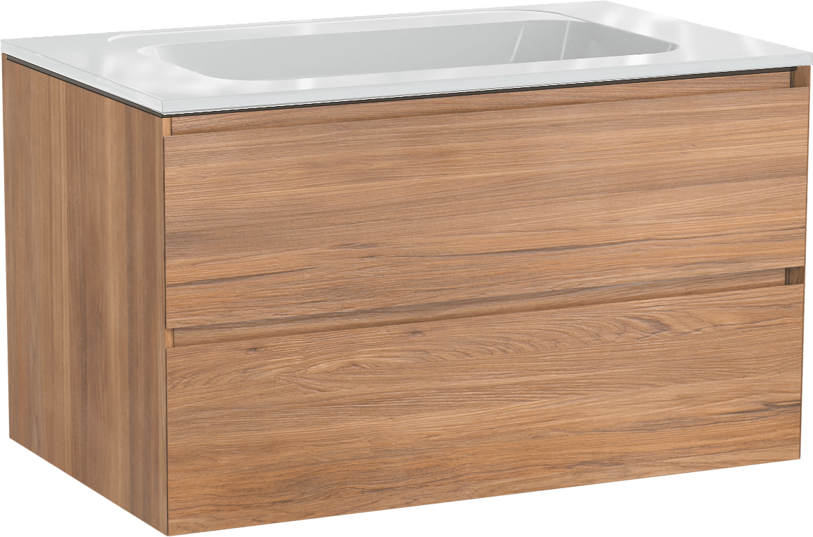 Balmani Mitra zwevend badmeubel 90 x 55 cm teakhout met Tablo Strada enkele wastafel in composietmarmer hoogglans wit