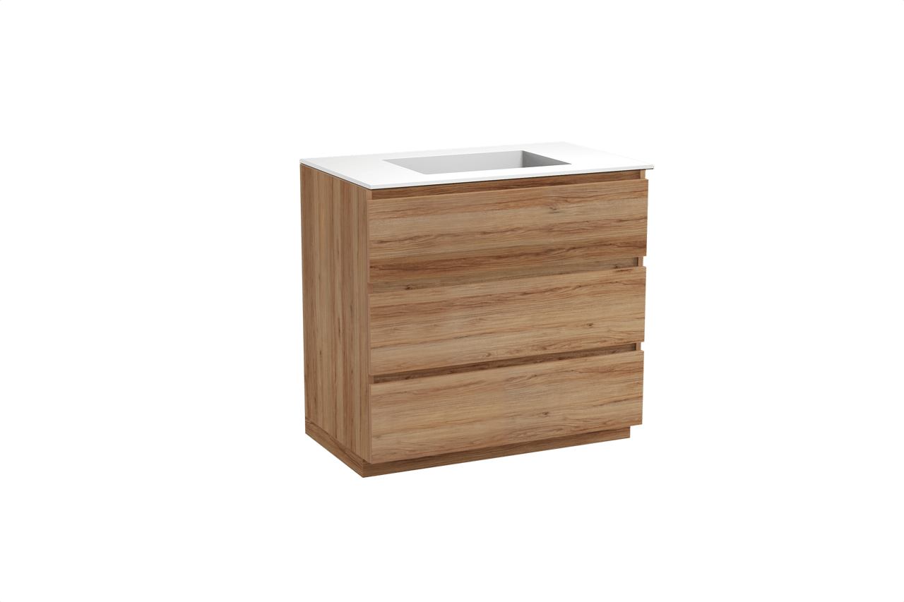 Balmani Lucida meuble salle de bains à poser 90 x 55 cm teck avec Tablo Stretto plan simple en solid surface blanc mat