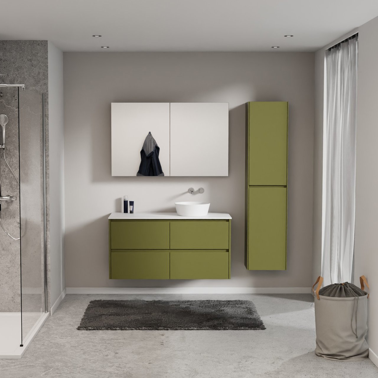 Storke Seda hängendes Möbelstück Set: 120 x 52 cm, OlivgrÃ¼n, mit Tavola Einzel- oder Doppel Waschtischplatte, Solid Surface Weiß matt