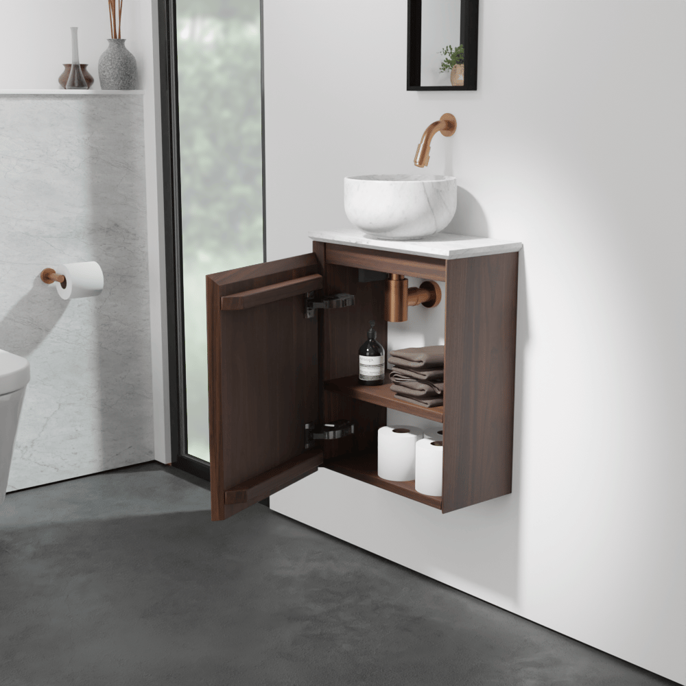 Balmani Mitra zwevend toiletmeubel 42 x 21 cm amerikaanse notelaar met Facetta tablet en Bowl waskom in Carrara marmer