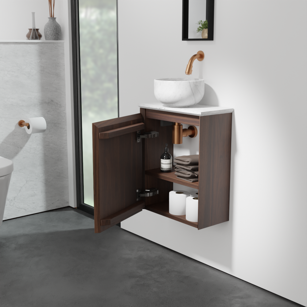 Balmani Mitra zwevend toiletmeubel 42 x 21 cm amerikaanse notelaar met Facetta tablet en Bowl waskom in Carrara marmer