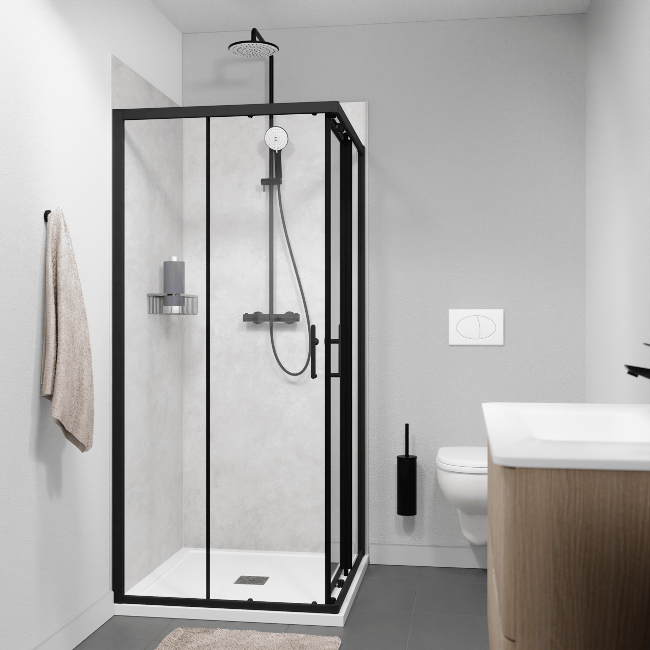 Linie Cadiz douchecabine met hoekinstap en dubbel schuifdeur 90 x 90 cm helder glas mat zwart profiel