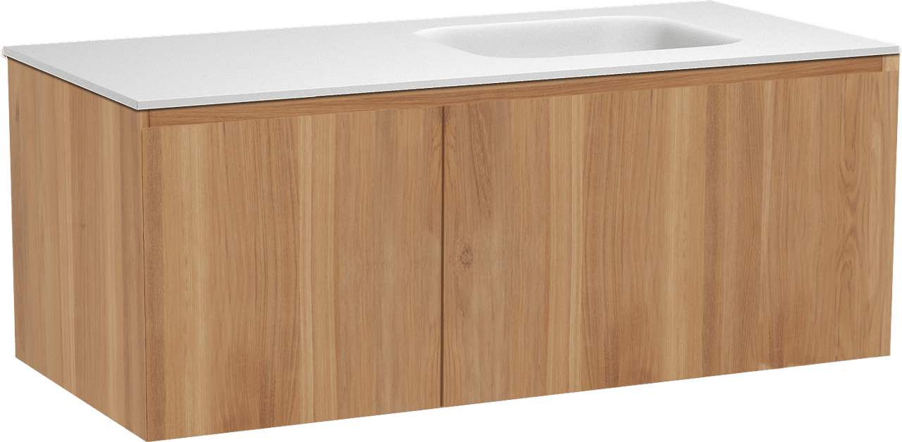 Balmani Idra zwevend badmeubel 120 x 55 cm teakhout met Tablo Arcato asymmetrisch rechtse wastafel in solid surface mat wit