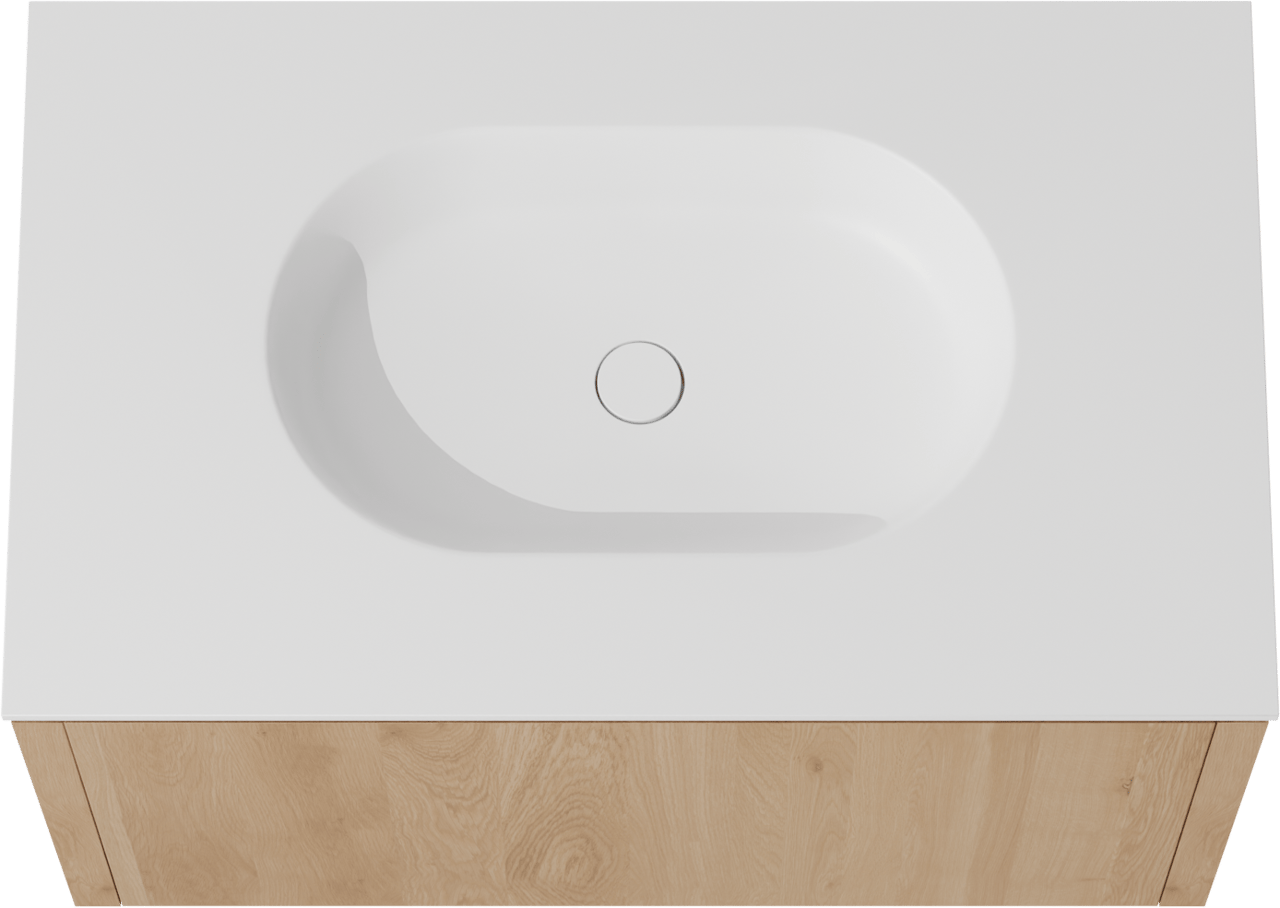 Balmani Eclips meuble salle de bains suspendu 90 x 55 cm Chêne naturelle avec Tablo Oval plan simple en Solid Surface blanc mat