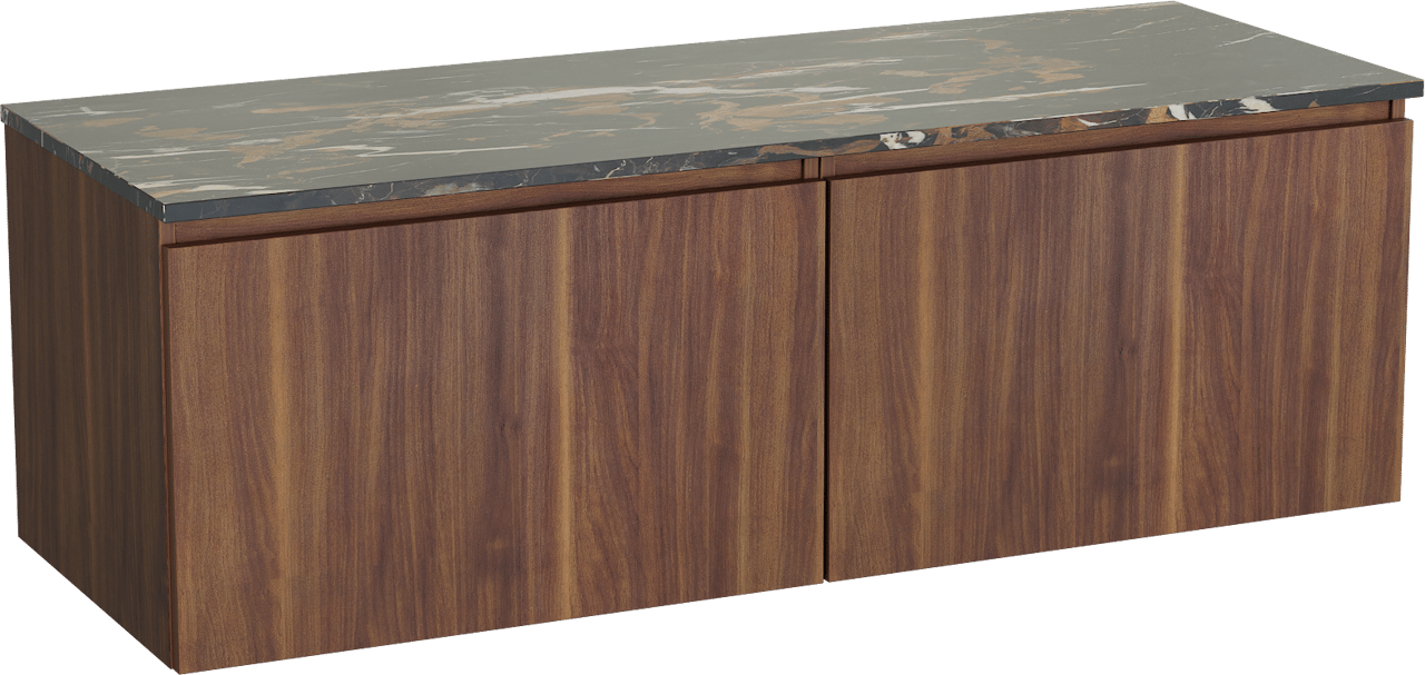 Balmani Sfera zwevend badmeubel 150 x 55 cm amerikaans notenhout met Stretto enkel of dubbel wastafelblad in marmer portoro gold