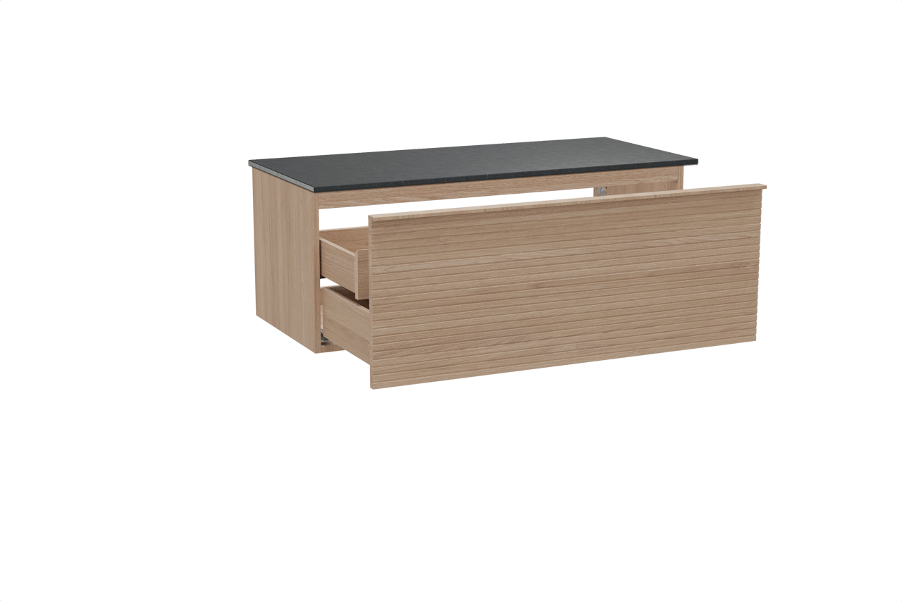 Balmani Forma meuble salle de bains suspendu 120 x 55 cm chêne naturel avec Stretto tablette simple en granit noir, Nervure droite symétrique horizontale