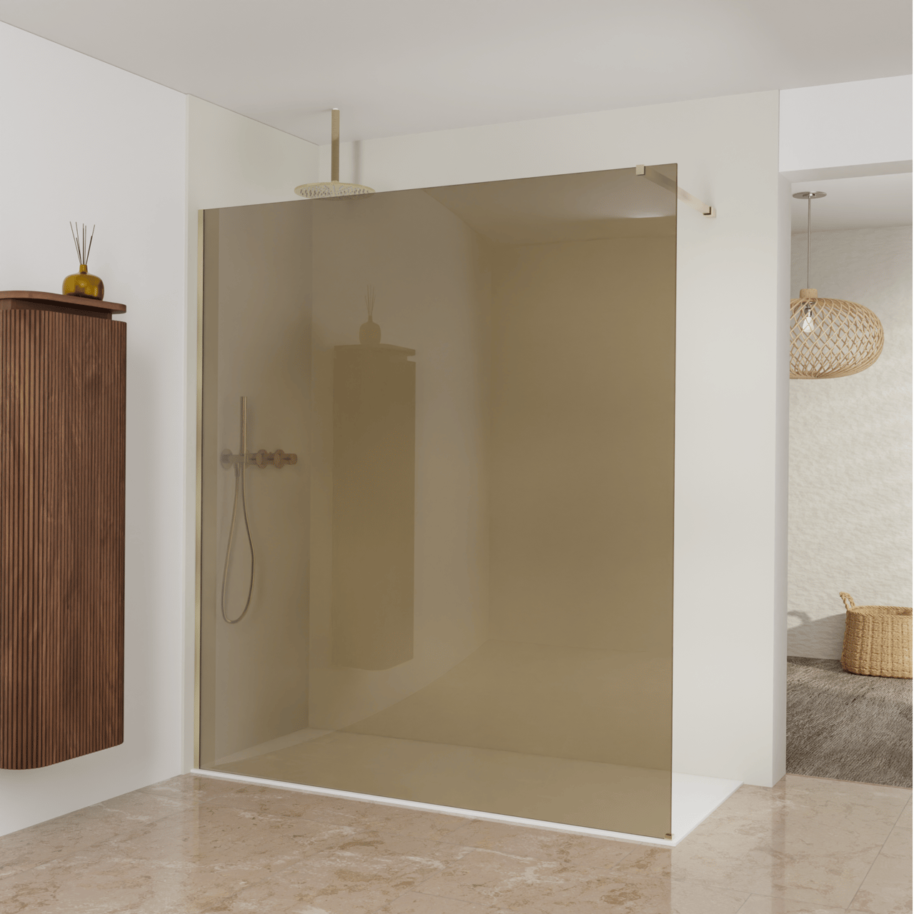 Balmani Modular Walk-In Dusche: 180 x 200 cm, Bronze Glas, Profil Brushed Champagne Gold