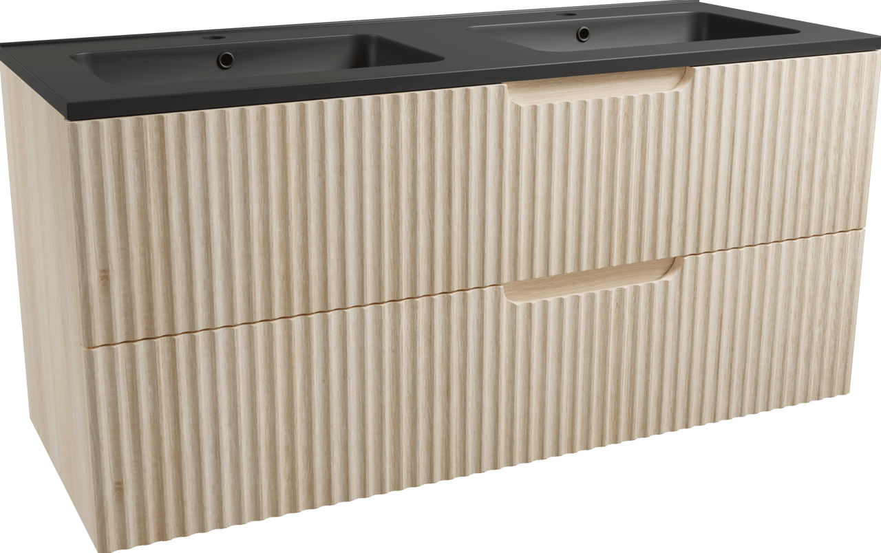 Linie Ribbo zwevend badmeubel 120 x 46 cm licht eiken met Vano dubbele wastafel in composietmarmer mat zwart, Verticale symmetrische ronde ribbel