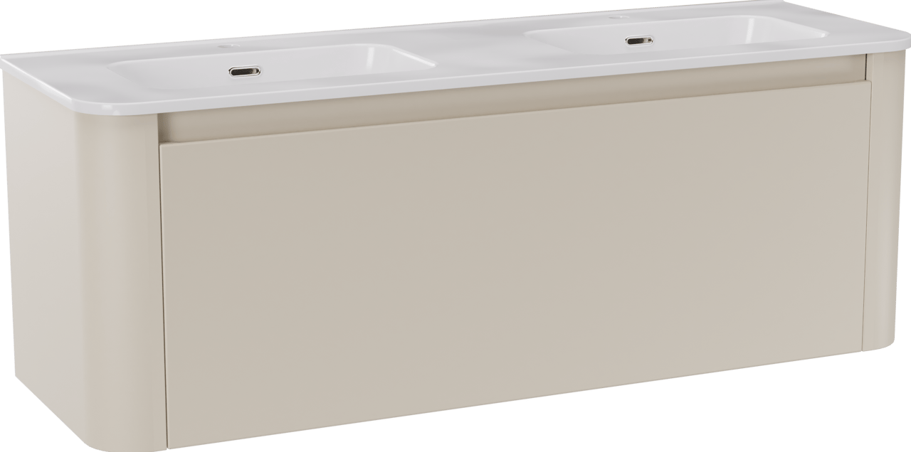 Storke Soft zwevend badmeubel 140 x 46 cm Sand mat met Kera Soft dubbele wastafel in porselein hoogglans wit