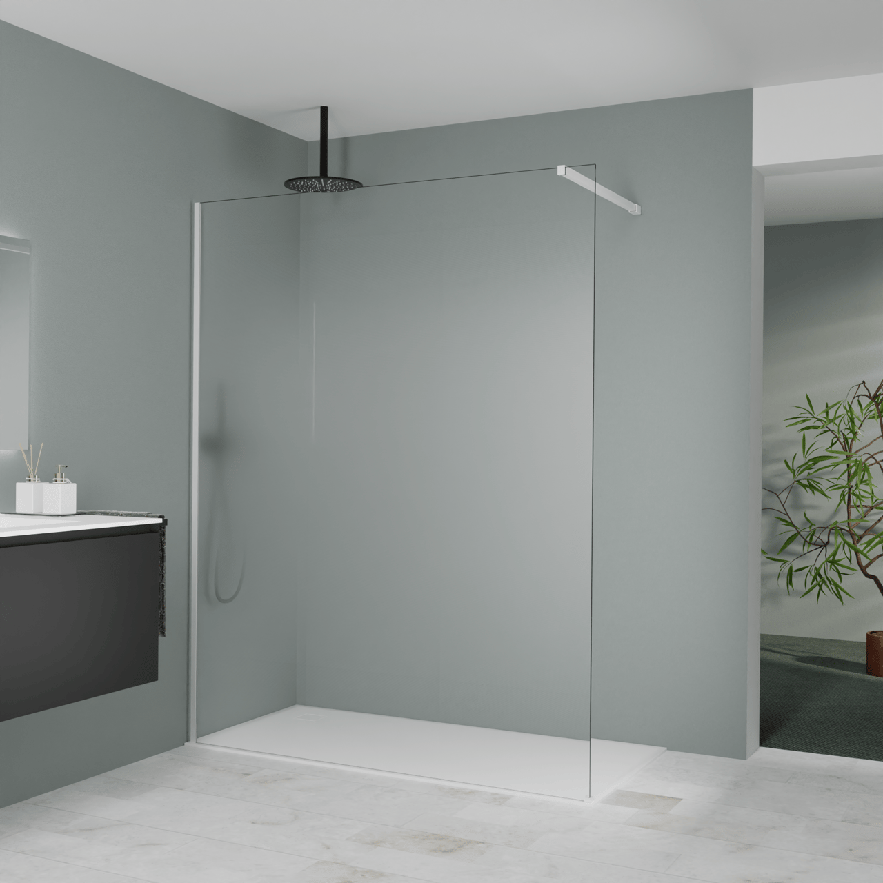 Balmani Modular inloopdouche: 160 x 200 cm, Permafrost met coating, Mat witte profielen