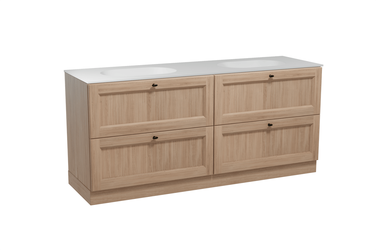 Balmani Lemon freistehendes Möbelstück Set: 180 x 55 cm, Verwitterte Eiche, mit Tablo Oval Doppelwaschtisch, Solid Surface Weiß matt