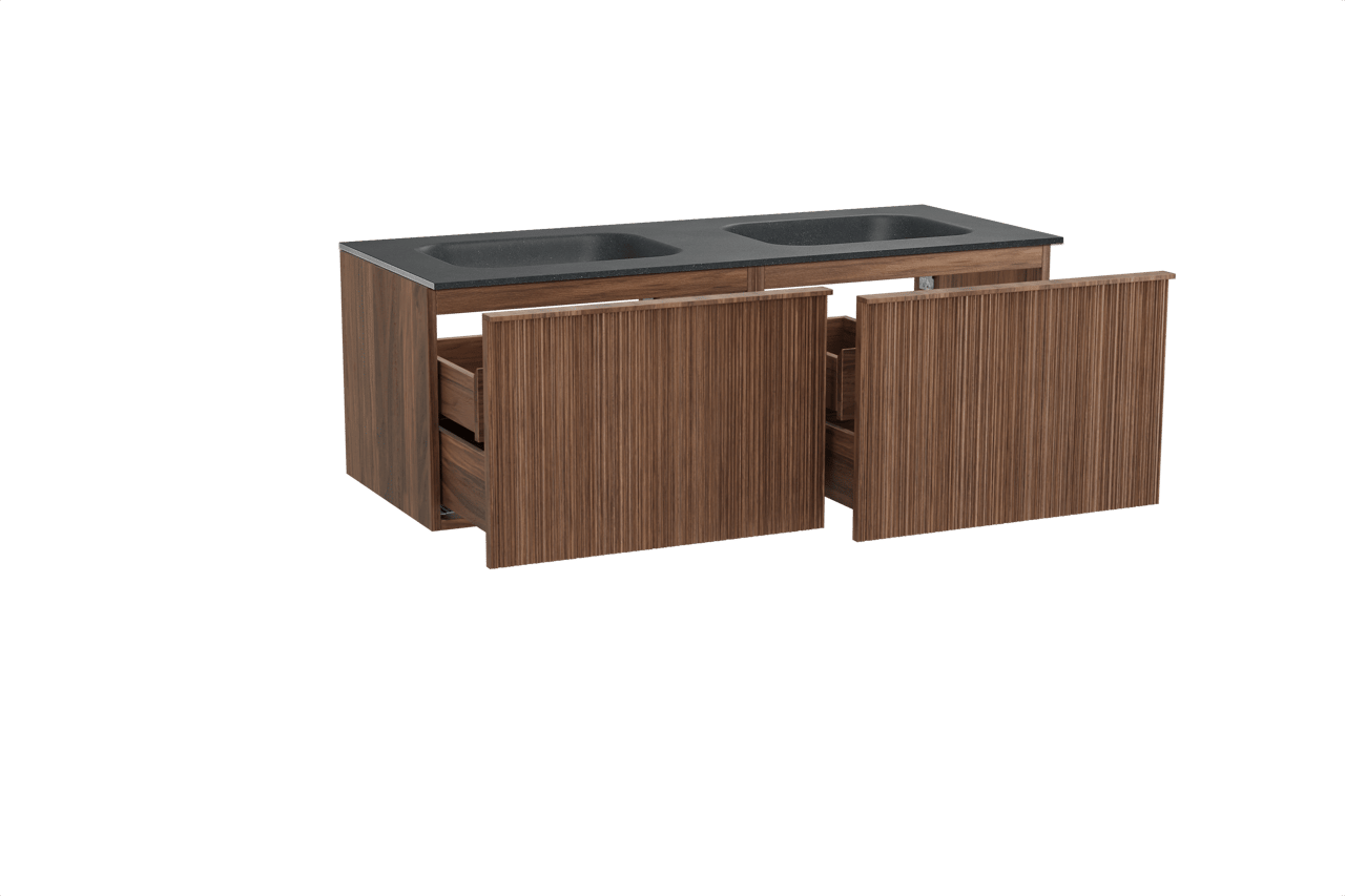 Balmani Forma zwevend badmeubel 135 x 55 cm amerikaans notenhout met Tablo Arcato dubbele wastafel in zwart graniet, Verticale asymmetrische ronde ribbel