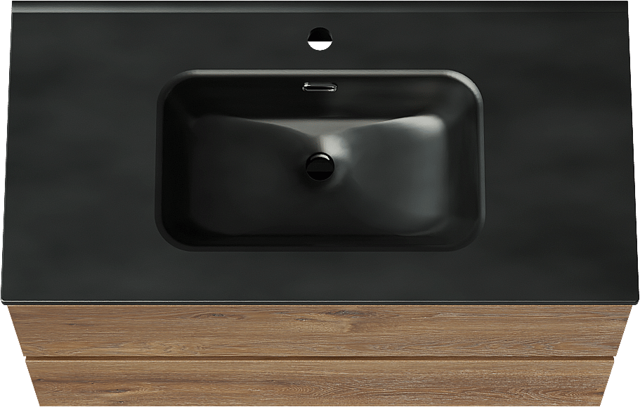 Linie Lado meuble salle de bains suspendu 90 x 46 cm chêne brun avec Baro plan simple en porcelaine noir mat